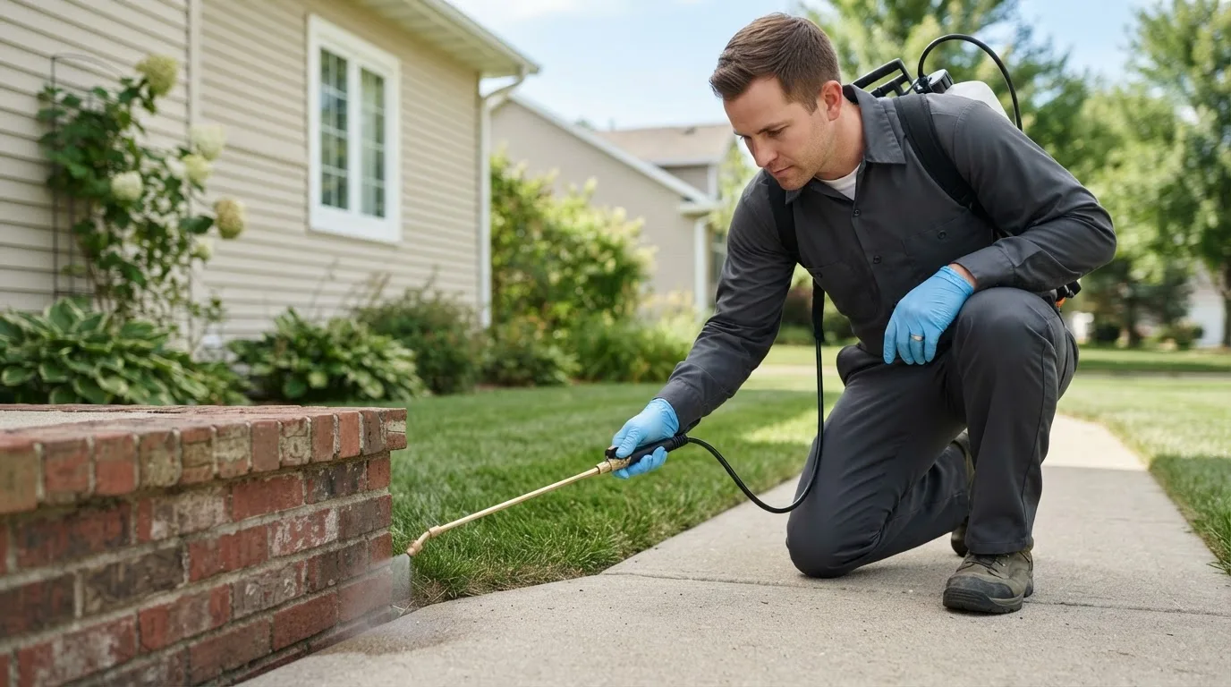 Pest control technician treating a home near Brockport, PA